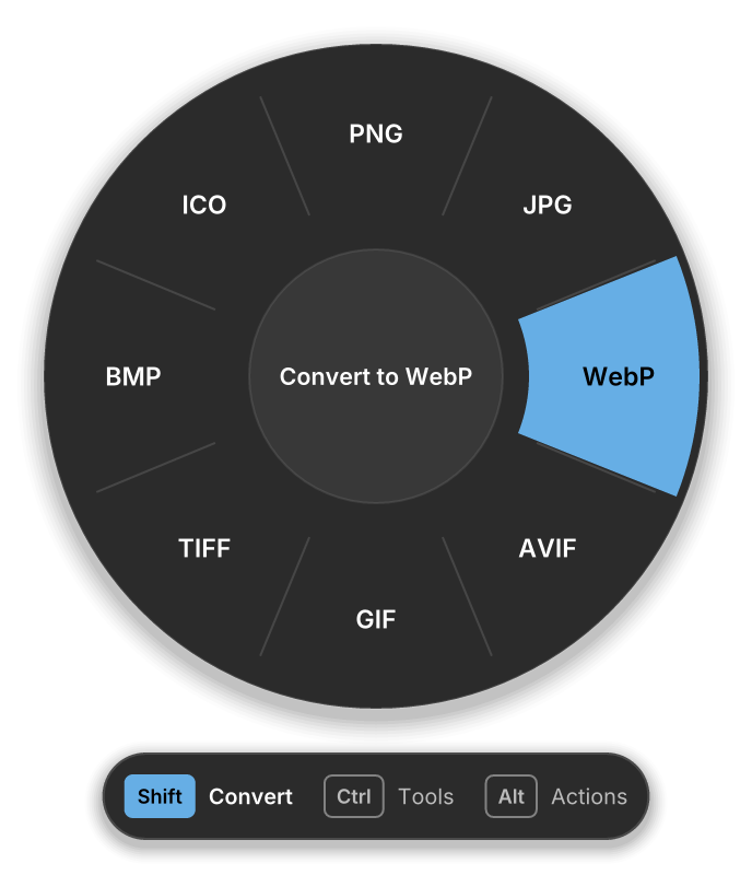 The Convert wheel on Windows 11 in dark mode, with WebP highlighted